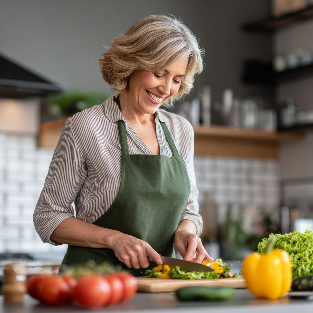 52 years old woman smiling while preparing healthy salad