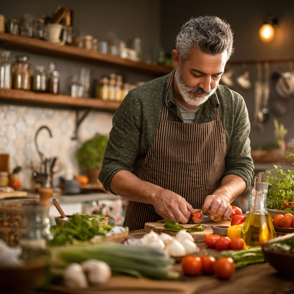 53 years old man enjoying cooking with fresh ingredients at home
